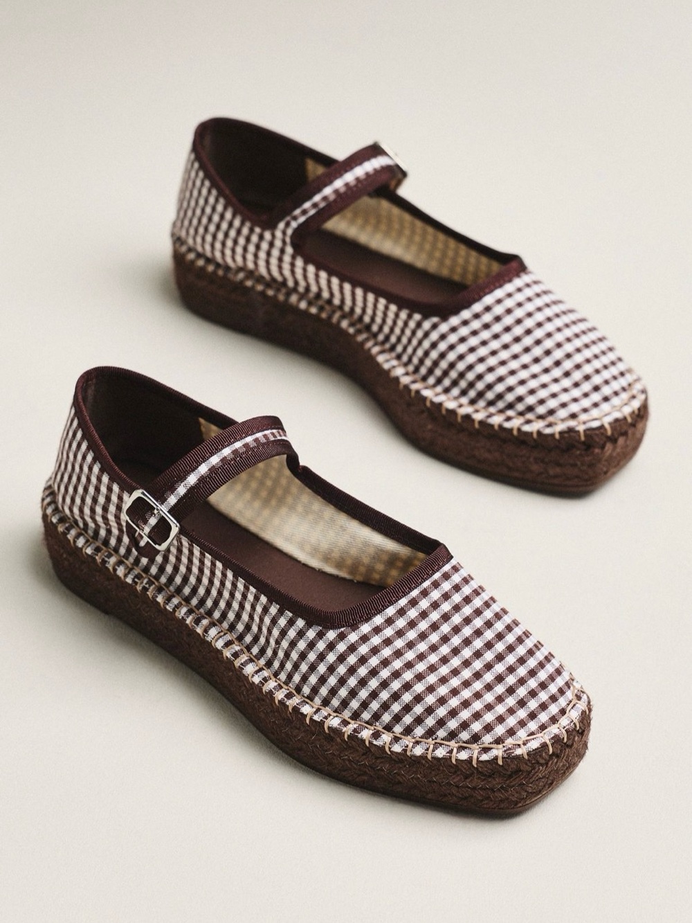 Mary Jane Espadrille Flats in Brown Gingham